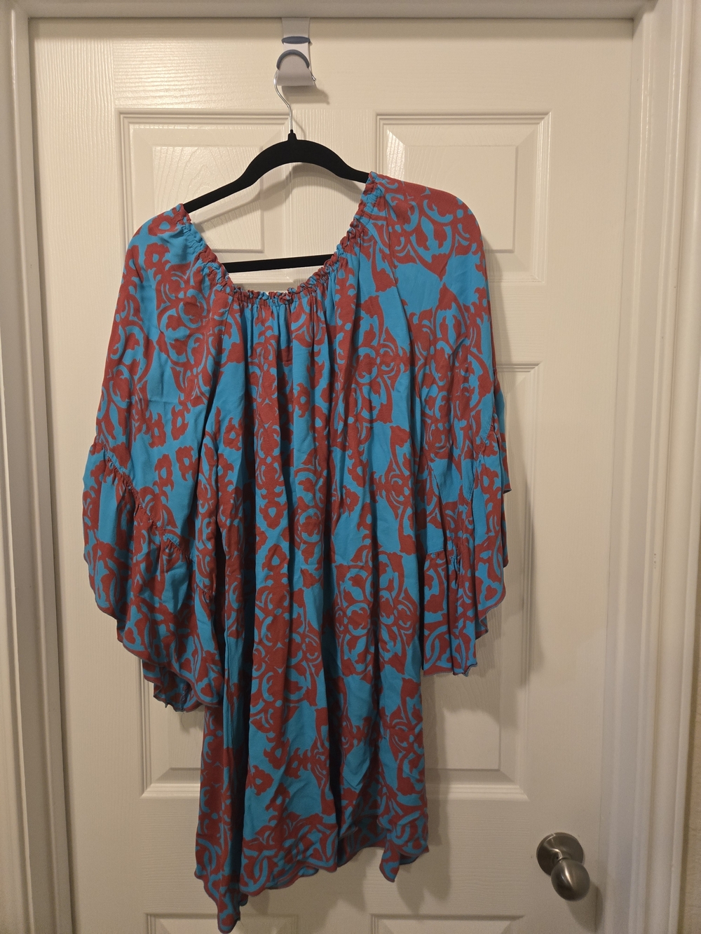 Boho Turquoise & Rust Mini Dress with Ruffled Sleeves - Picture 5 of 5
